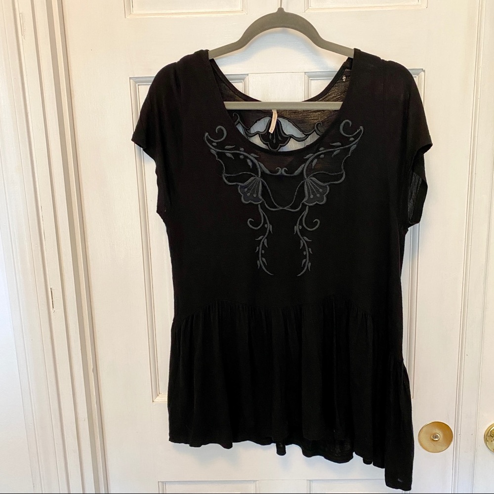 Free People Black Short Sleeve Top with Lace Inserts M